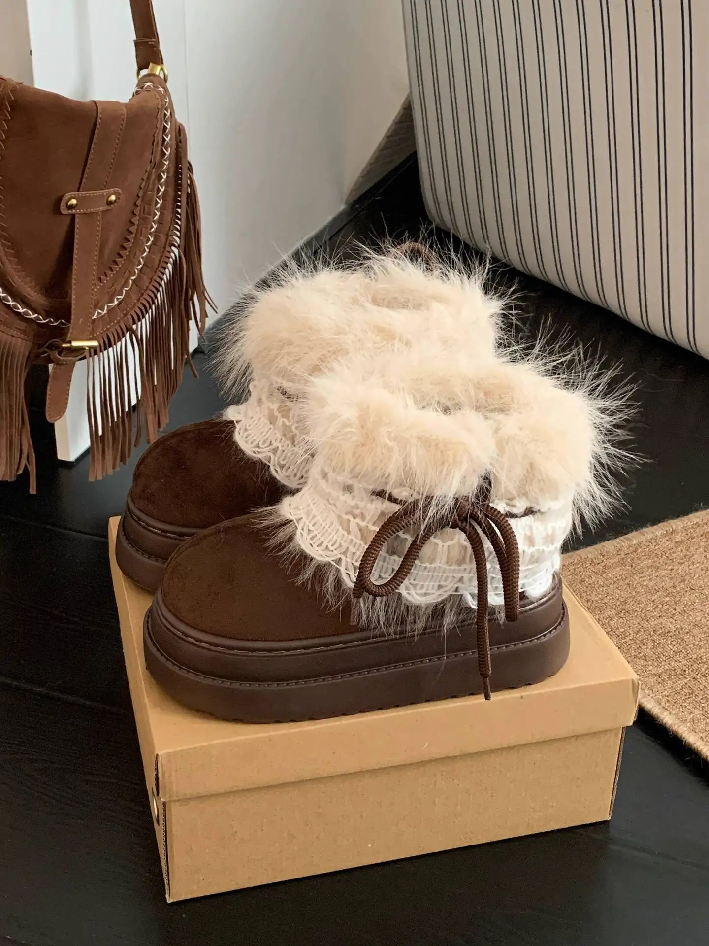 

Winter Women's Fair Isle Furry Snow Boots Versatile Heightened Thick Sol Fleece Lined Warm Short Cotton Boots