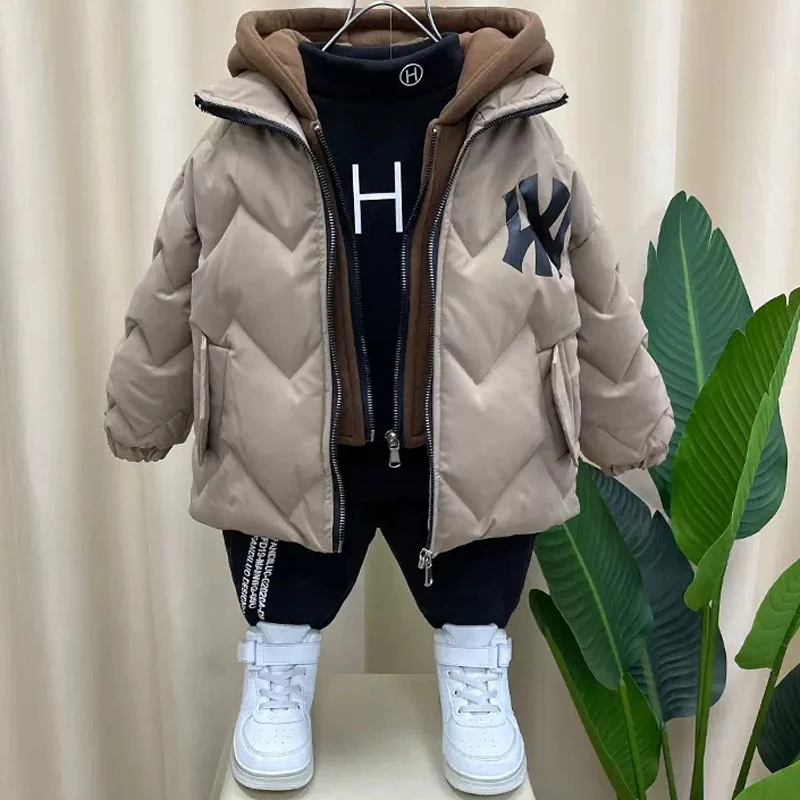 2024 Winter Boys Fake Two Pieces Jacket Lining Plus Velvet Thicken Keep Warm Hooded Windbreaker For 4-14Y Down Cotton Overcoat