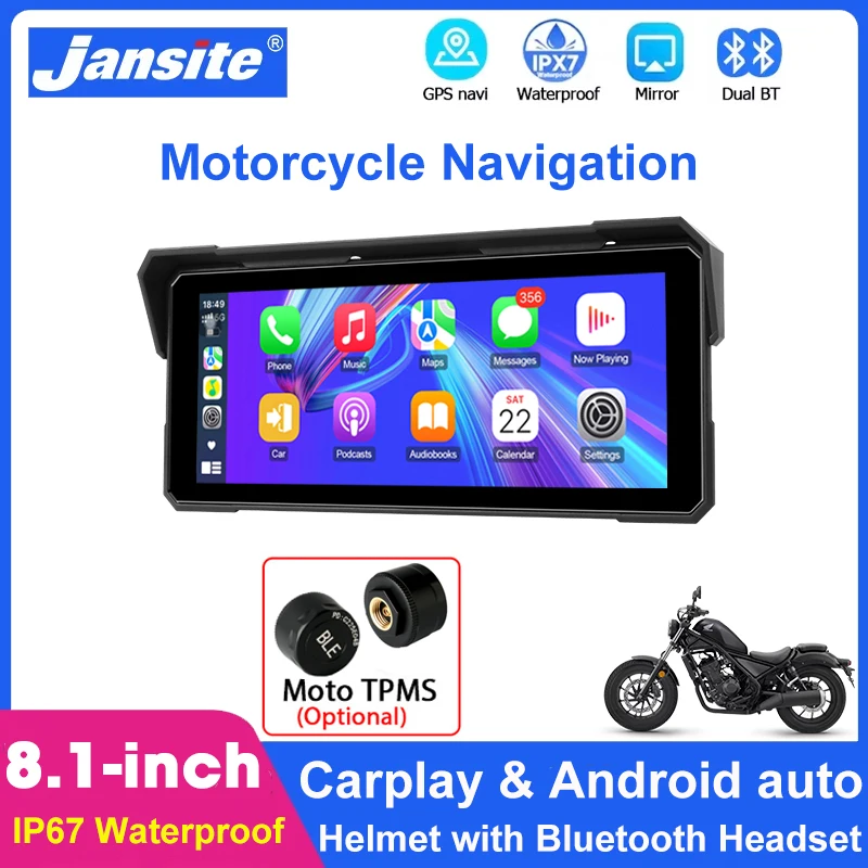 

Janiste 8.1" Motorcycle CarPlay Android Auto IPS Screen Moto Dashboard IP67 Waterproof GPS Navigation with TPMS External Sensor