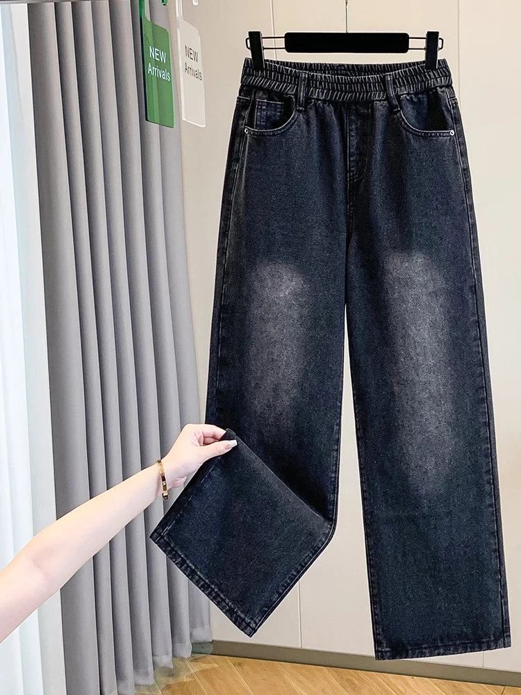Authentic Autumn Straight Leg Jeans Elastic Waist Loose Fit High Waist Pants Slimming Effect for plus Size Women Casual Wear