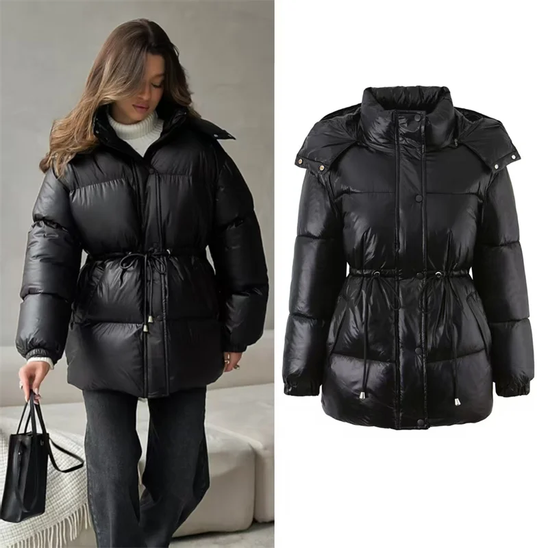 

Женское пальто 2025, зимняя новая стильная черная теплая хлопковая куртка средней длины с длинными рукавами и капюшоном, повседневная модная универсальная куртка