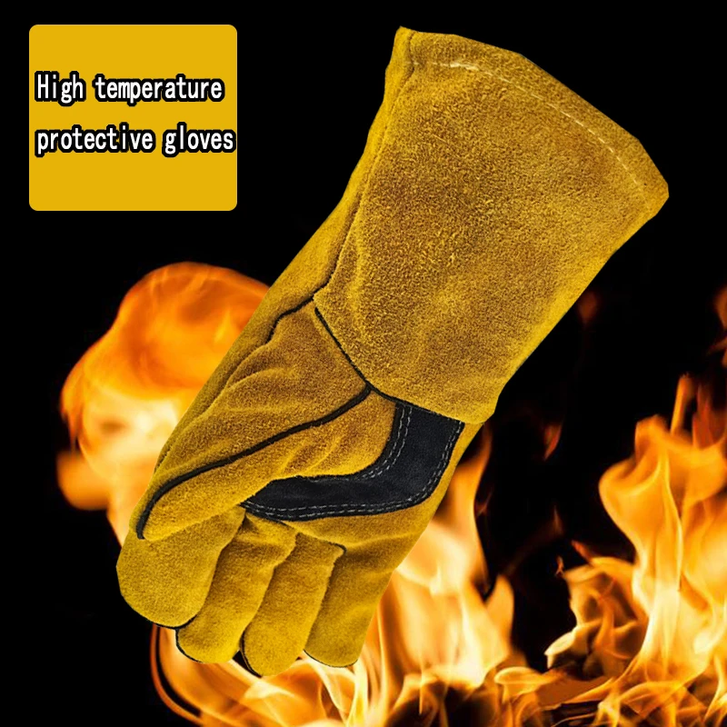 Guantes de protección para trabajo de soldadura de cuero de vaca, aislamiento térmico, anticorte, ignífugo, estufa de madera, fireemplazos,