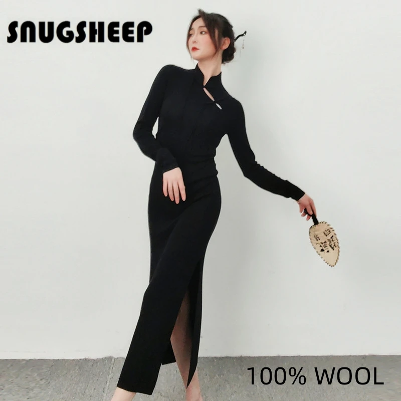 cheongsam dress worsted wool women autumn elegant dresses fashion black clothes sexy outfits party maxi woman club night luxury