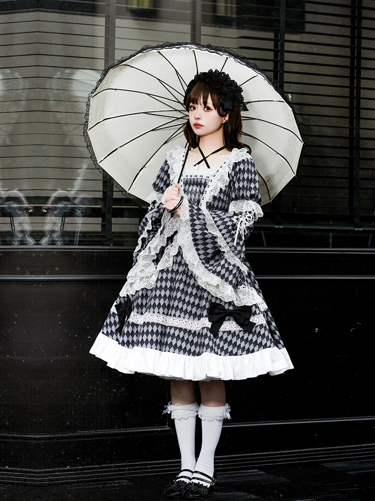 Harajuku Design originale Retro gotico Plaid collo quadrato Op Dress ricamato a maniche lunghe Lolita elegante fata principessa ragazze