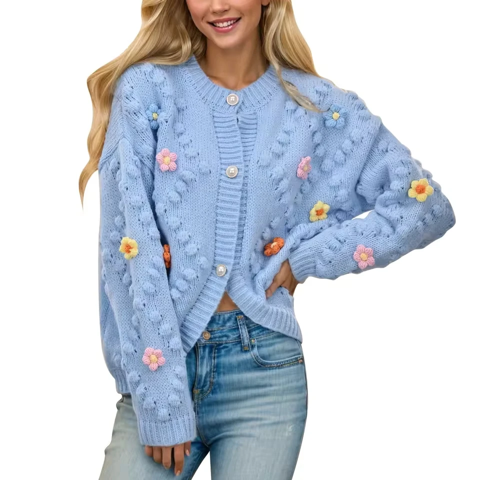 Cárdigan de Mujer Tejido a Mano con Diseño de Tres Flores Bordadas, Nuevo Cárdigan Grueso de Cachemira, Ropa de Mujer