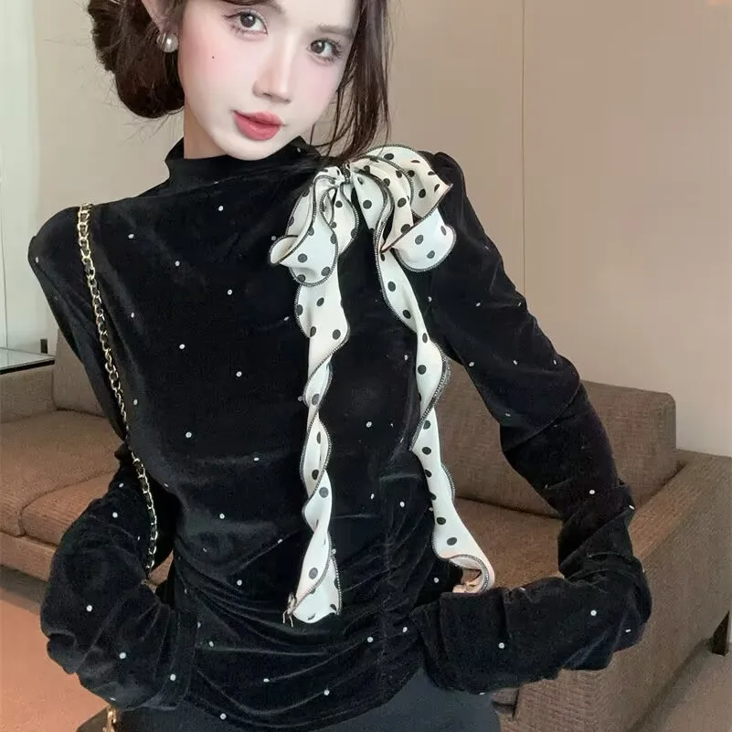 

Polka Dot Bow Black Velvet T-shirt 2025 New Women Spring Autumn Long Sleeve Casual Shirt Blouse Female Elegant Base Shirt
