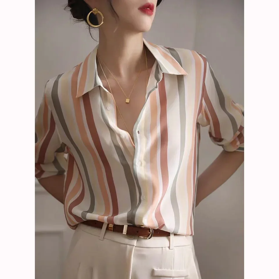 Striped Shirt Top Female Long-sleeved Spring Dress 2025 New Niche Retro Silk Silk Shirt Female Slimming
