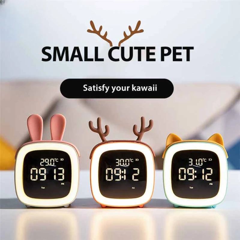 Creative LED Night Light with Thermometer Bedside Alarm Clock Bedroom Gift USB Rechargeable Digital Clock Cute Alarm Clock New