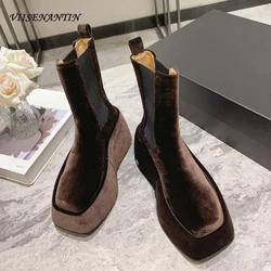 Short Ankle Boots Female Luxury Velvet Fashion Wedge Platform Height Increasing T-show Runway Sapatos Autumn Winter New Booties