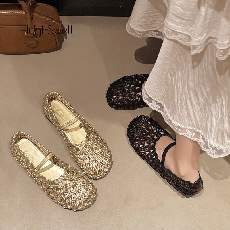 

Luxury Woven Leather Ballet Shoes Woman Elegant Braid Hollow Design Round Toe Elastic Band Ballerina Flat Ladies Brand Shoes