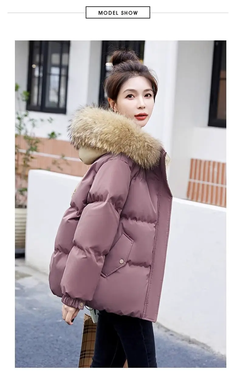 Down Cotton Jacket For Women Short Thickened 2026 Winter New Big Fur Collar Loose Cotton Coat Women's Warm Hooded Jackets Parker