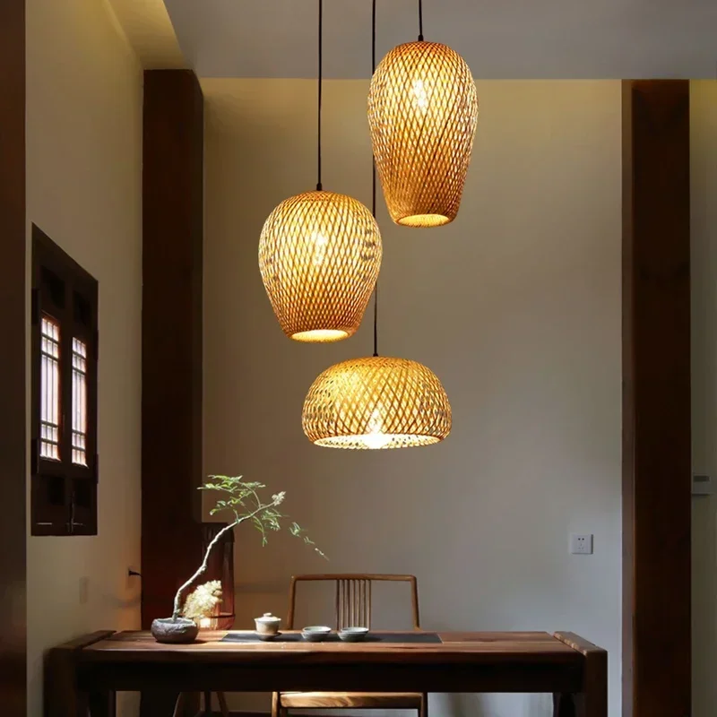 Natural Rattan Wicker LED Lustres, Lâmpada pingente moderna, abajures de bambu tecidos à mão, luz suspensa, luminárias E27