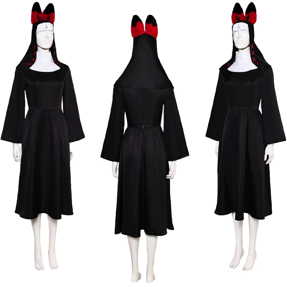 Alastor traje cosplay para mulheres, terno de dia das bruxas, roupas femininas, chapéu, óculos, freira, inferno, roupas, papel, robe, granizo, desenhos animados, meninas