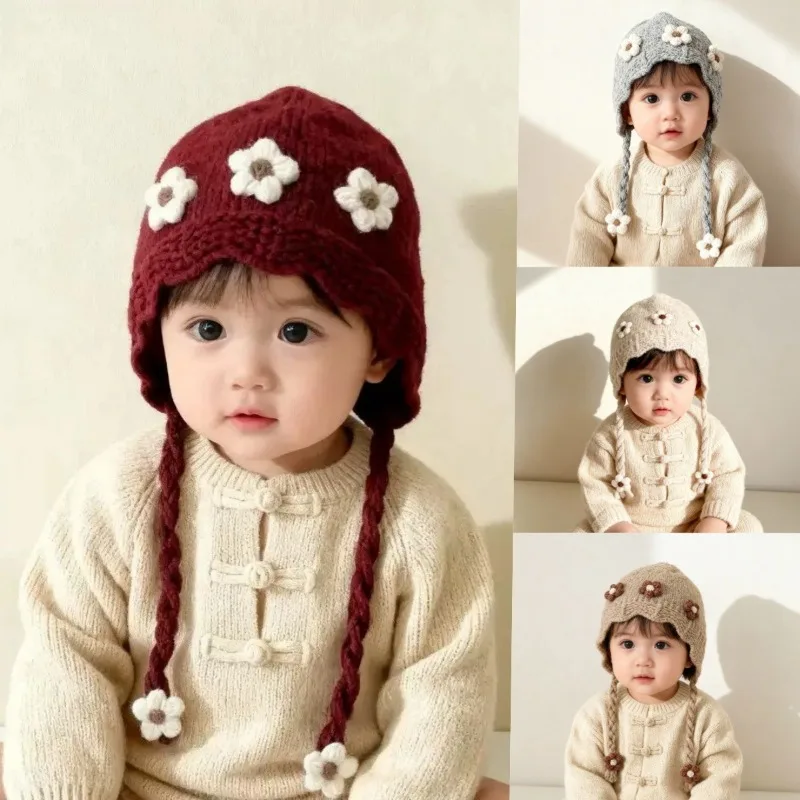Herbst-Winter Gestrickte Babymütze Einfarbig mit Blumenmuster Winddichter Ohrenschutz Süße Mädchen Säugling Kleinkind Strickmütze – Detail 1