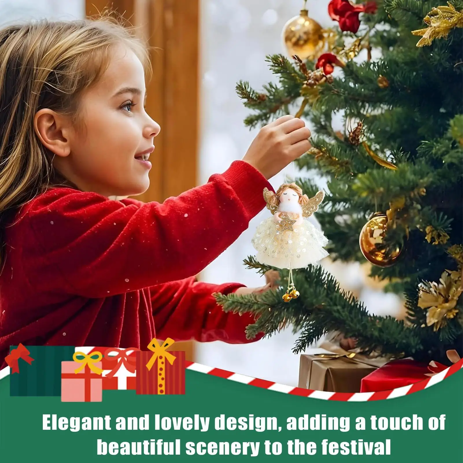 الحلي الملاك لشجرة عيد الميلاد مع أجراس دمية الملاك شجرة عيد الميلاد الحلي قلادة احتفالية لنافذة باب الأسرة الداخلية