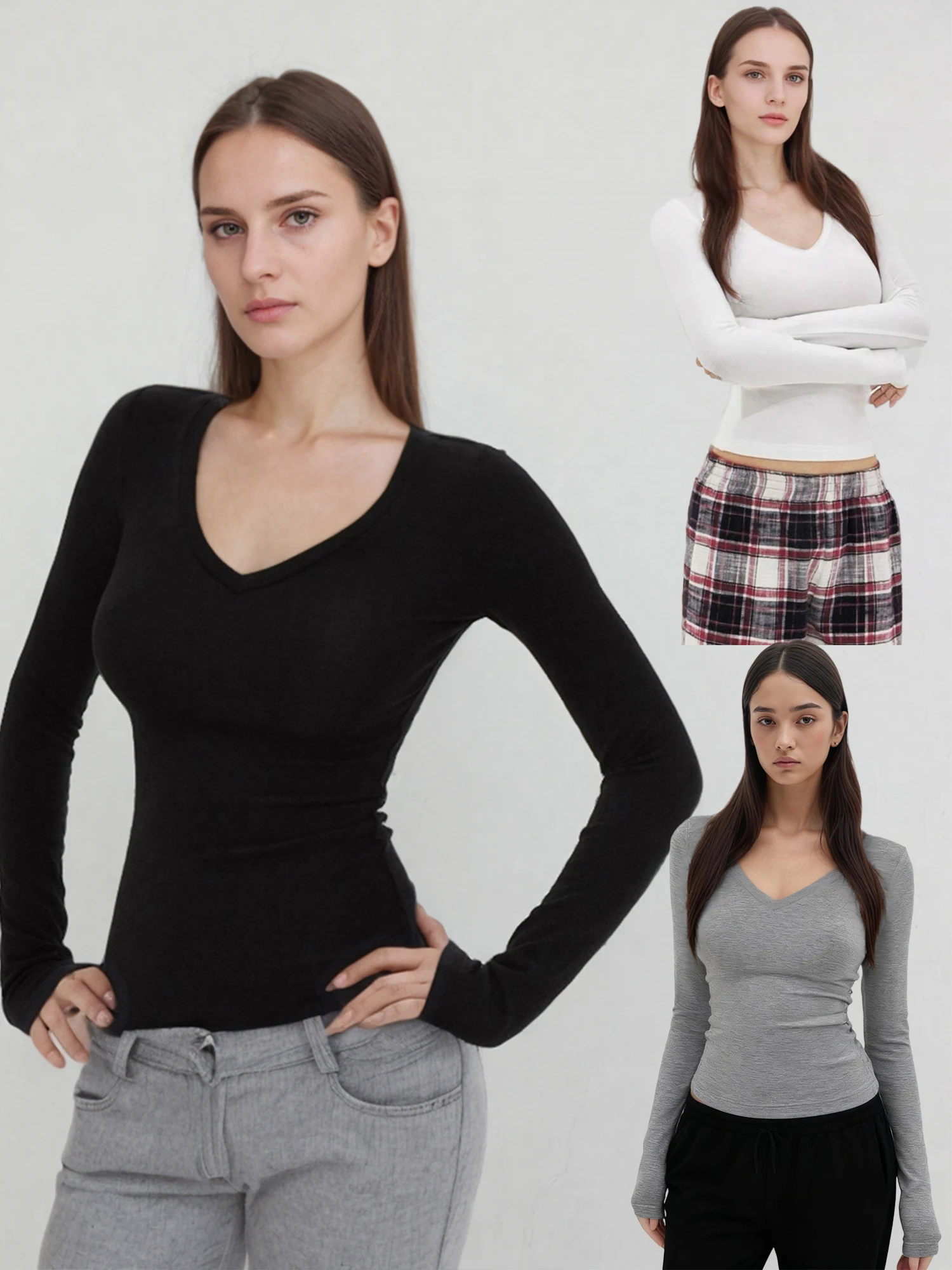 

C-GEM — облегающая футболка с V-образным вырезом, мягким на ощупь, длинными рукавами, топ, которые любят всем девушкам, чтобы носить с базовым слоем.