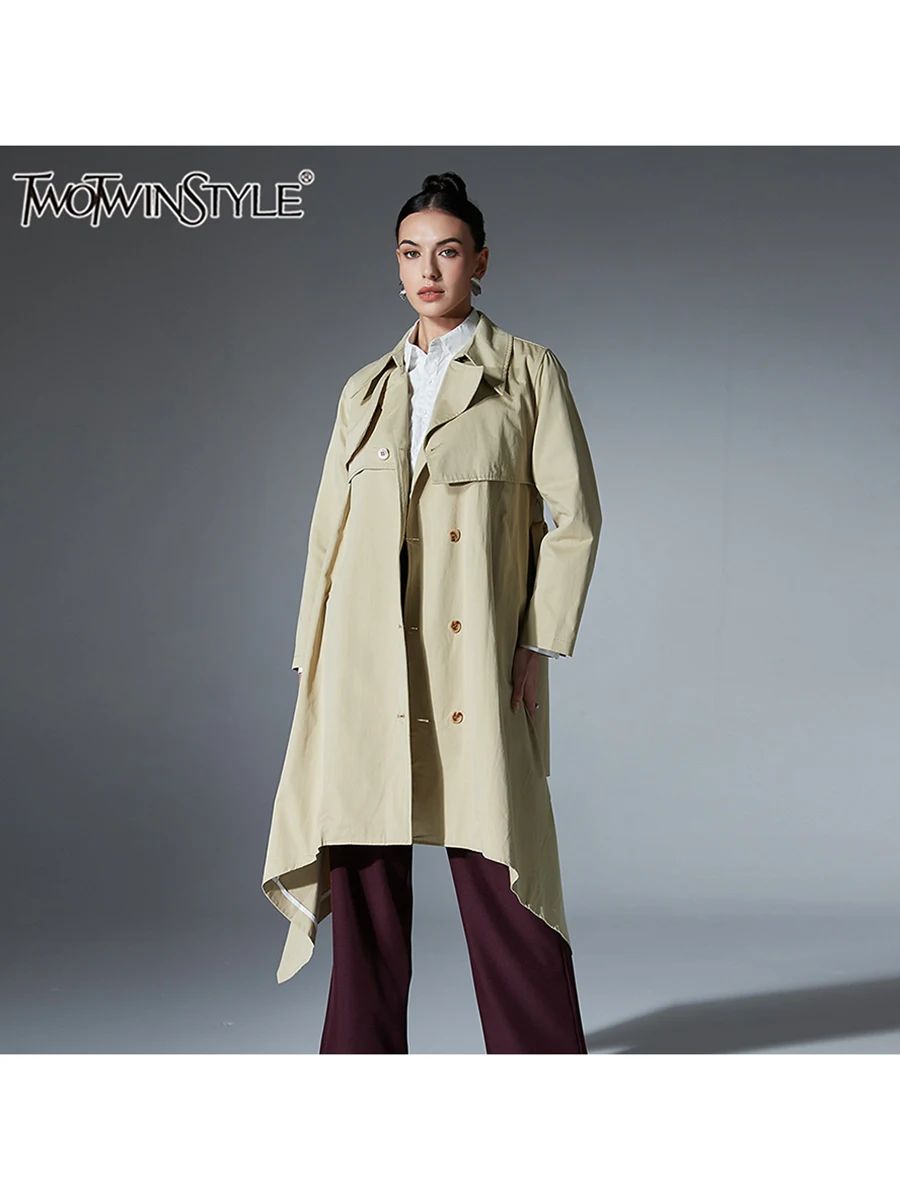 

TWOTWINSTYLE однотонный повседневный дизайнерский длинный плащ для женщин с лацканами и длинными рукавами, высокая талия, пальто на пуговицах, женский модный стиль