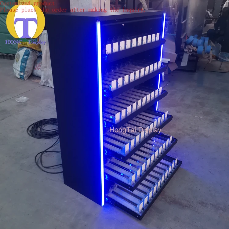 

Custom.Popular Tobacco Shop Metal Showcase Shelf Pusher Flip Door With Drawer Cigarette Display Rack