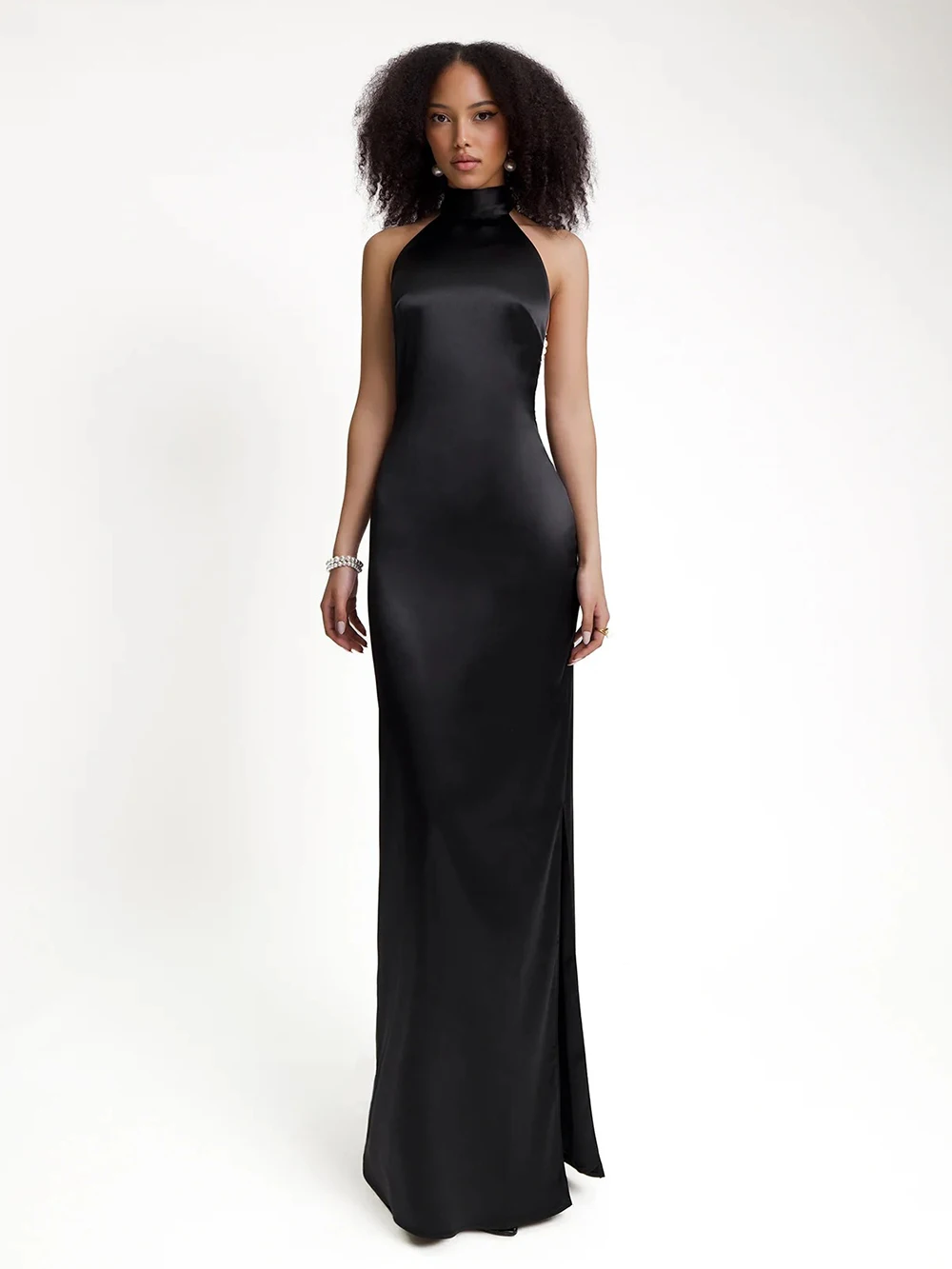 Elegant effen lint dames halterjurk off-shoulder parelketting backless slanke vrouwelijke maxi-jurken bruidsjurken chique dame gewaad