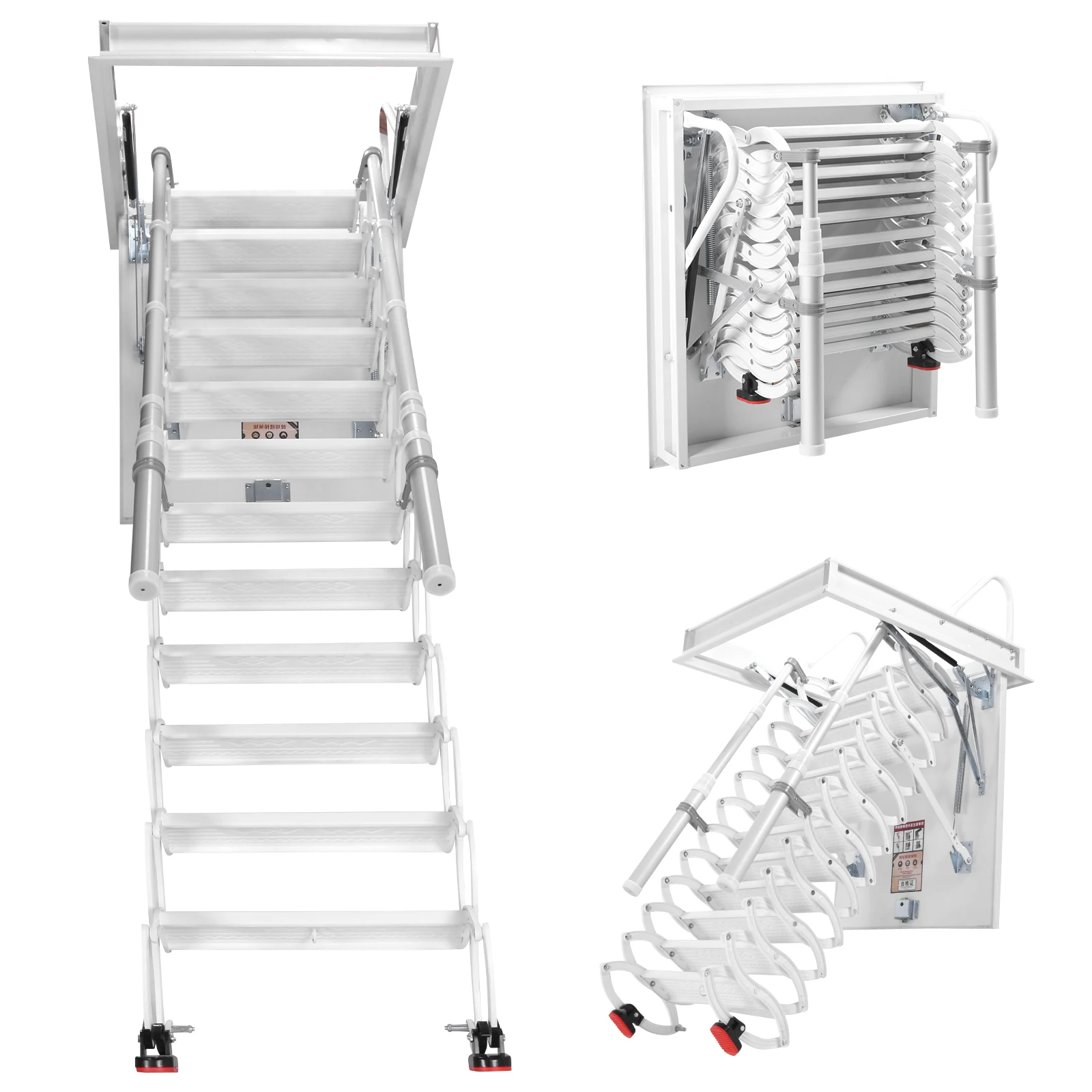 

12 Steps Ceiling Mounted Attic Ladder with Handrails Steel Attic Staircases 660LBS Capacity Height Adjustable for Rough Opening