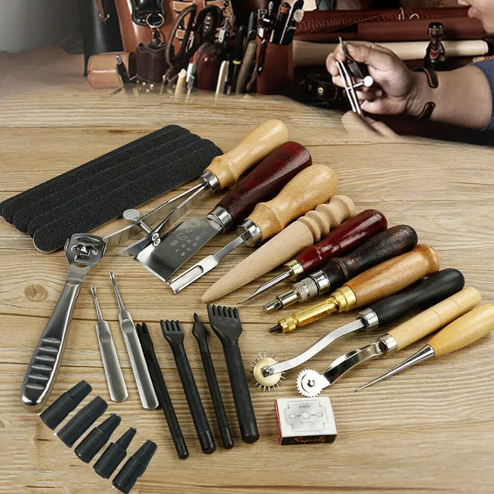 18 Pcs Professional Leather craft Tool Kit DIY leather Sewing Stitching Punch Carving Work Saddle Leathercraft Accessories