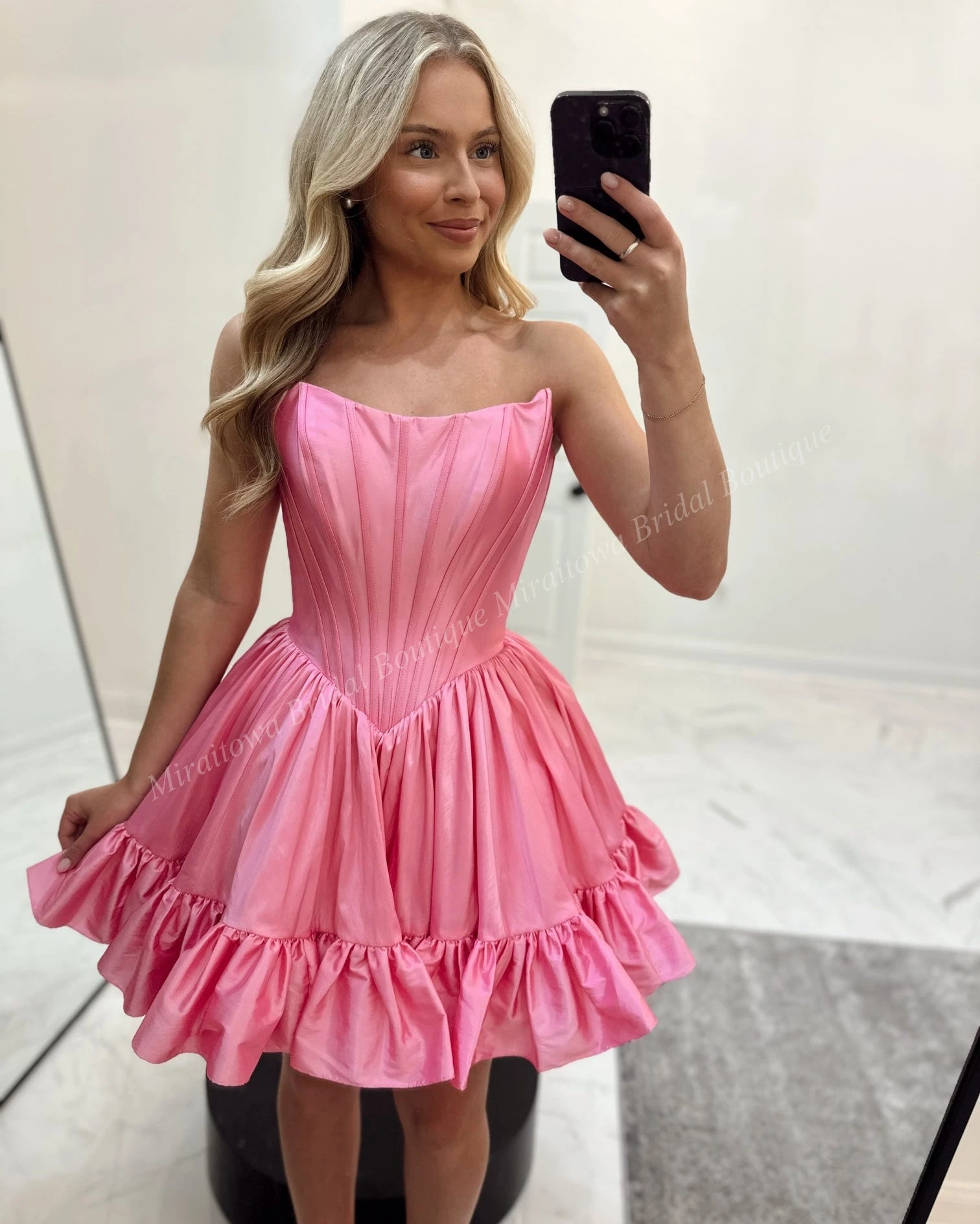 Abito da cocktail rosa con corsetto senza spalline in taffettà verde acqua corto dolce 16 semi formale abito da laurea Hoco spettacolo intervista danza