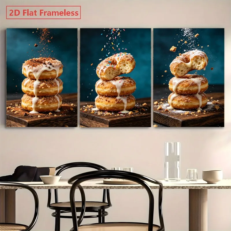 2D Flat, 2D Flat 3pcs 2D Flat Unframed Canvas Wall Art: Stack of Glazed Donuts with Sprinkles, Modern Kitchen/Dining Room Dec