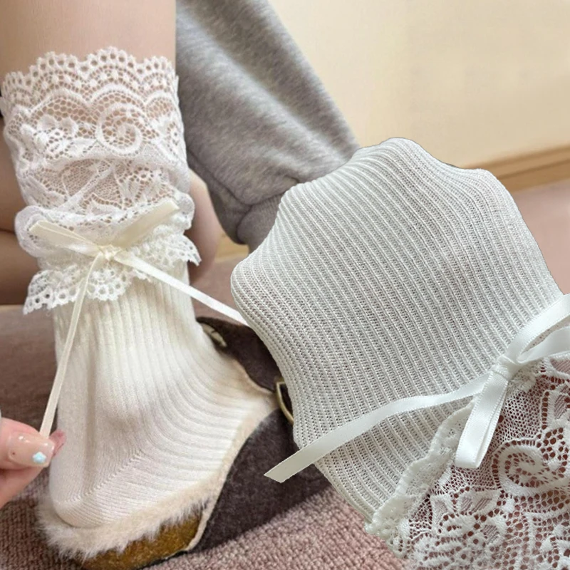 

Kawaii японские носки JK Lolita с кружевным бантом, милые носки в стиле Харадзюку для девочек, носки средней длины, женские удобные белые носки до середины икры