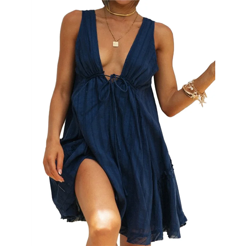 ABRT - Letnie sukienki mini bez rękawów z głębokim dekoltem w serek, warstwowe, rozkloszowane, z odkrytymi plecami, idealne na wyjścia, wakacje, w stylu boho.