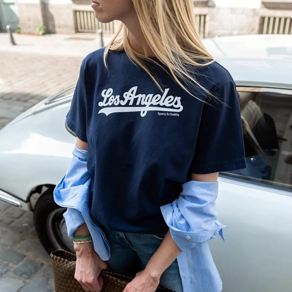 لوس أنجلوس خطابات الطباعة البحرية المرأة تي شيرت الصيف خمر نمط فضفاض القطن قصير الأكمام بلايز Ins موضة Crewneck التي شيرت #2