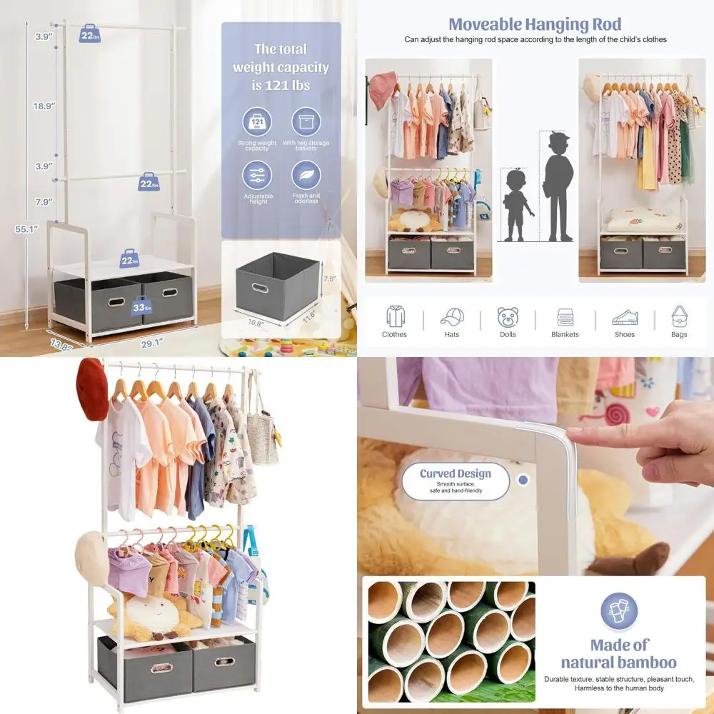 

Детская вешалка для одежды из бамбука с 2 корзинами для хранения и 2 регулируемыми штангами, подставка для детской одежды с полкой, напольная стойка или подставка
