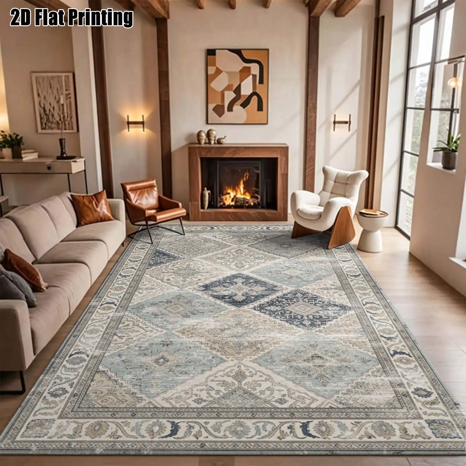 1Pc 2D Printed Carpet: Blue-Grey Retro European Patterns, Machine Washable, Multi-Size for Home Decor & Multi-Scenario Use