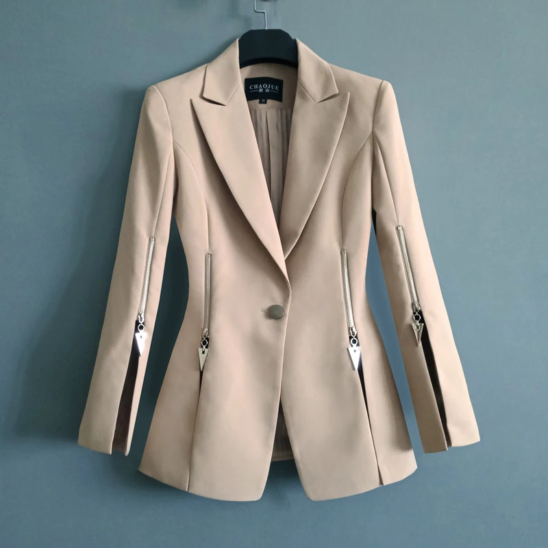 

Khaki Black Blazer Women Mid Long Suit Collar Outerwear Spring Autumn Female Single Button Zipper Long Sleeve Suit Jacket Coat