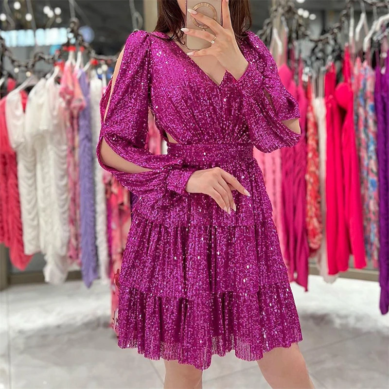 Sexy V Neck Long Sleeve Hollow Out Mini Dress Sparkling Sequins Autumn Ladies Dress Fashion Ladies High Waist Pleated Cake Dress