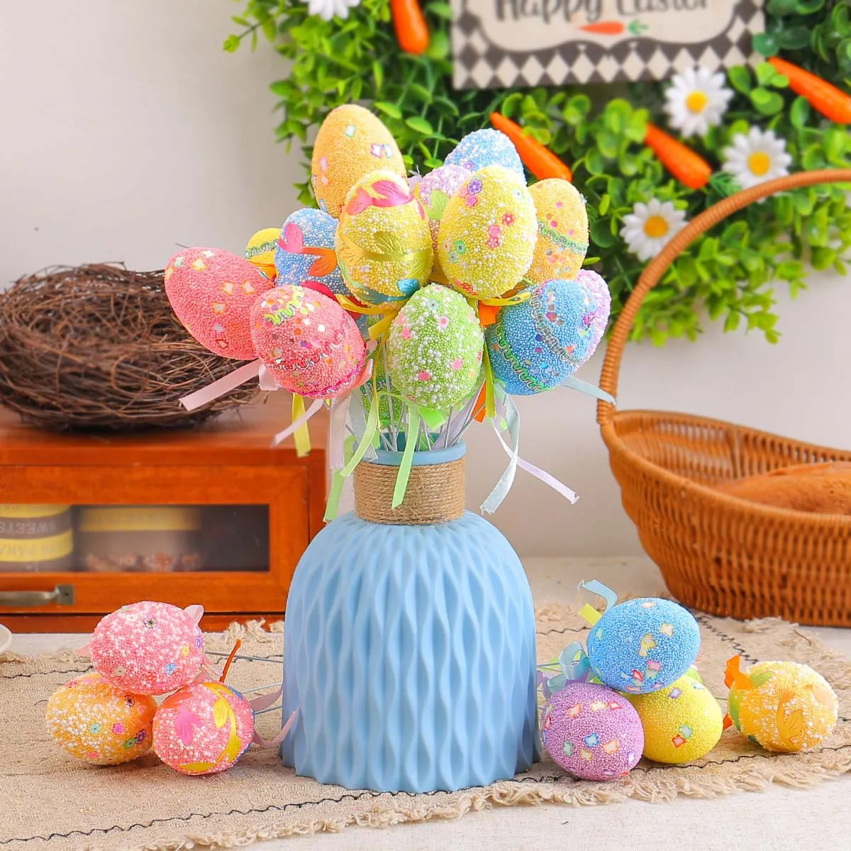 

24Pcs Easter Egg Decor Foam Patterned Eggs High Realism for DIY Hand-Painted Crafts Spring Hanging Decorations Festive Table