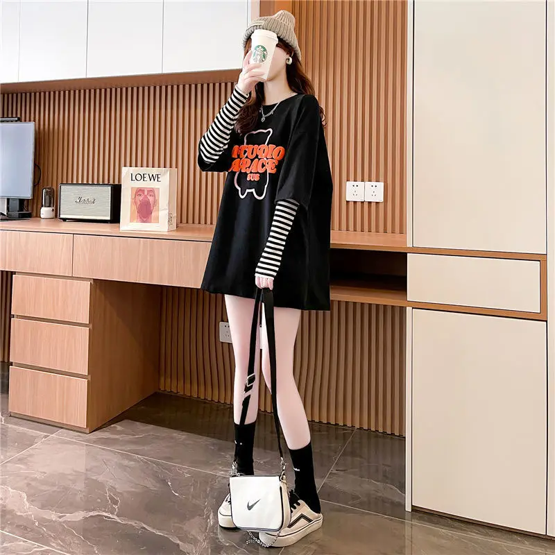 Fashion Striped Spliced Fake Two Pieces Letter T-Shirt Female Clothing 2023 Autumn New Korean Pullovers Loose Casual Tee Shirt