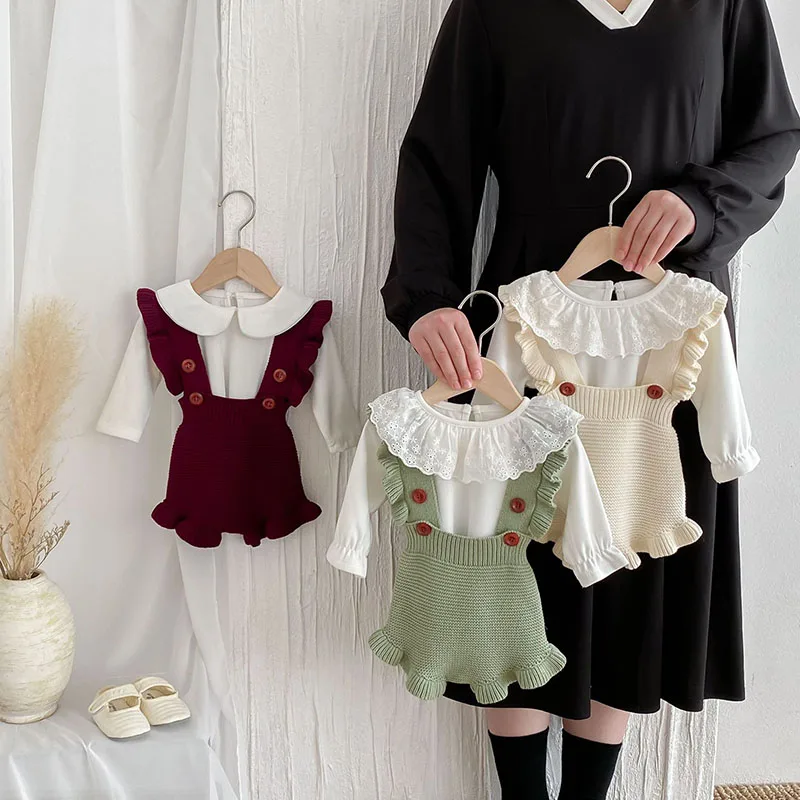 0-3T Girls Overall Baby Cute 3 Colors Knitted Flare Shoulder Strap Bodysuit Infant Sweet Rompers