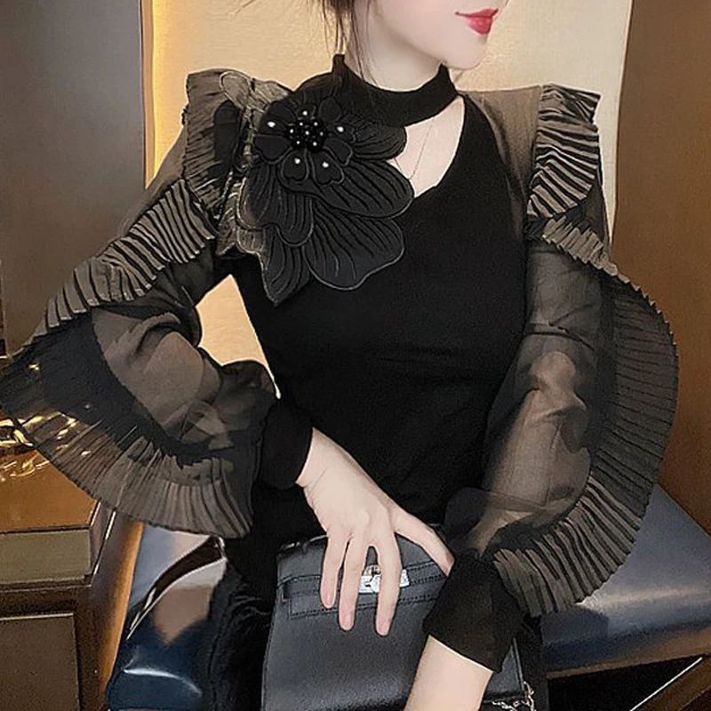 Women Stylish 3D Flower Design Sexy Hollow Sheer Blouses Elegant Chic Ruffles Slim Shirts Autumn Female Black Long Sleeve Tops