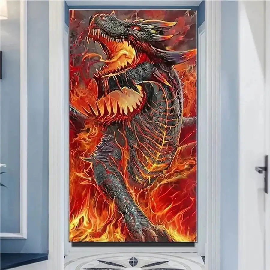 FULLCANG Diamond Painting Large Size Fire Dragon Castle Diy Full Mosaic Embroidery Picture Animals Pintura De Diamante FG2256