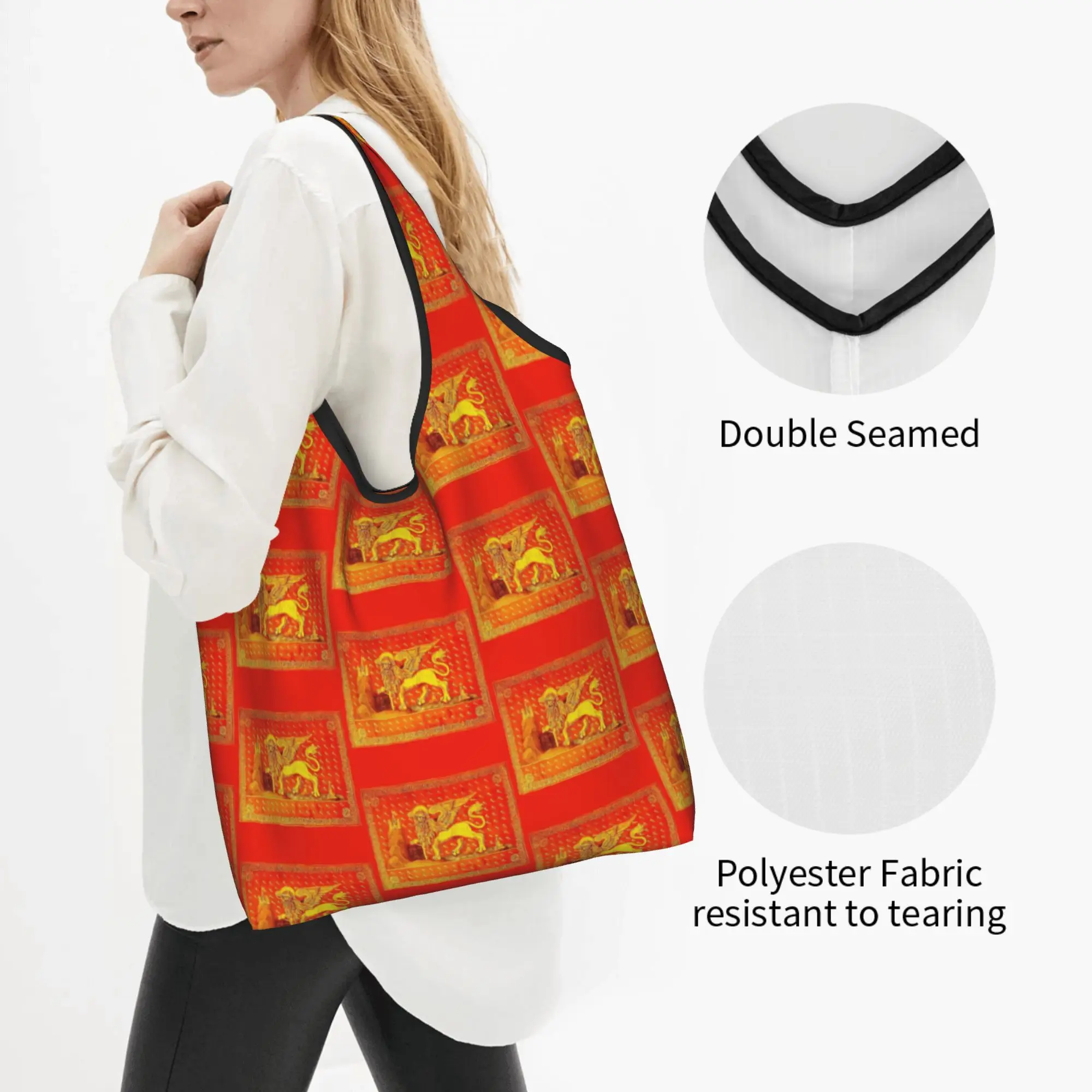 Funny Venice Veneto Flag Shopping Tote Bags Portable Lion of Saint Mark Groceries Shoulder Shopper Bag