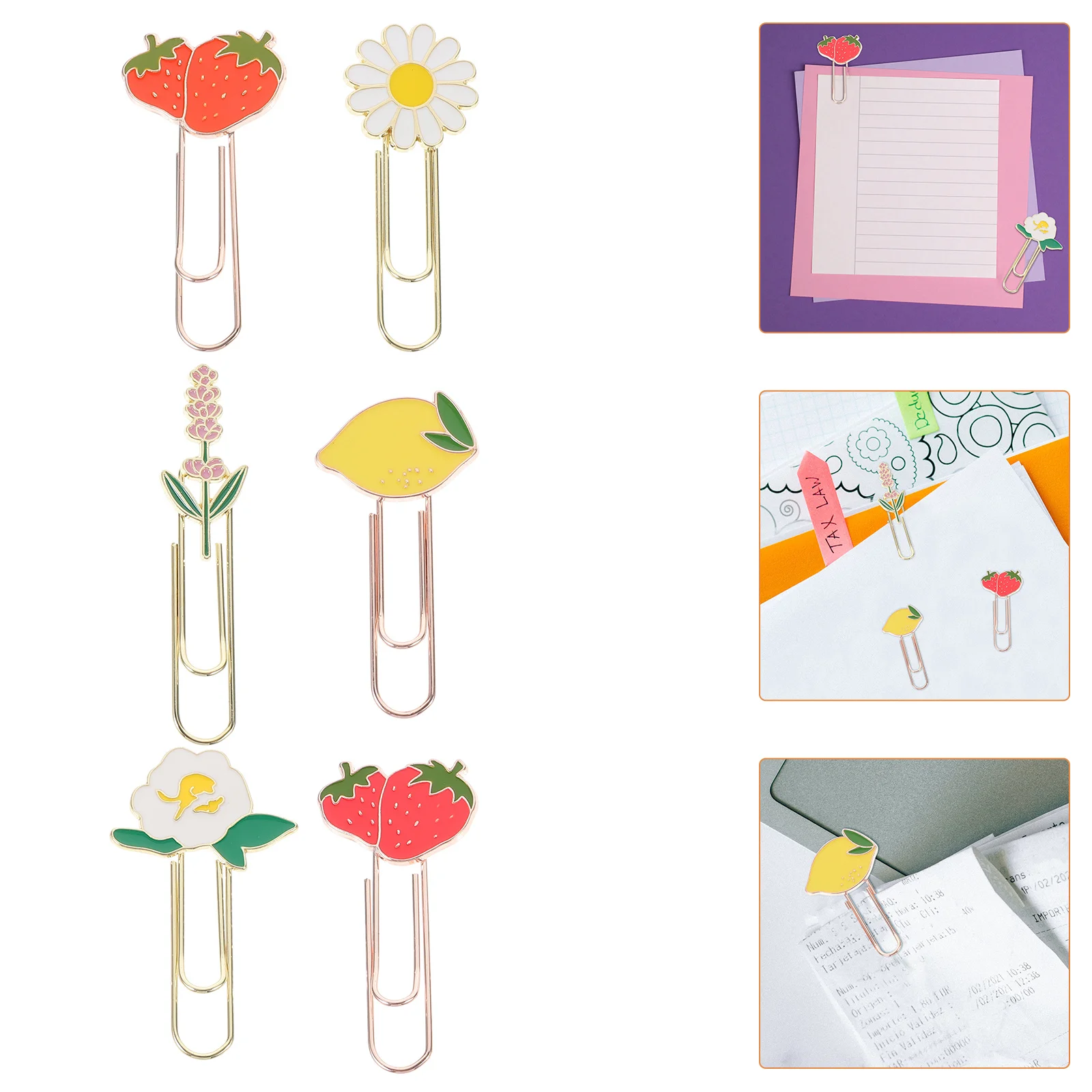 

6Pcs Cute Fruit Paper Clips Decorative Metal Paperclips for Notes Files Envelopes Scrapbooks Book Reading Clip Small Office