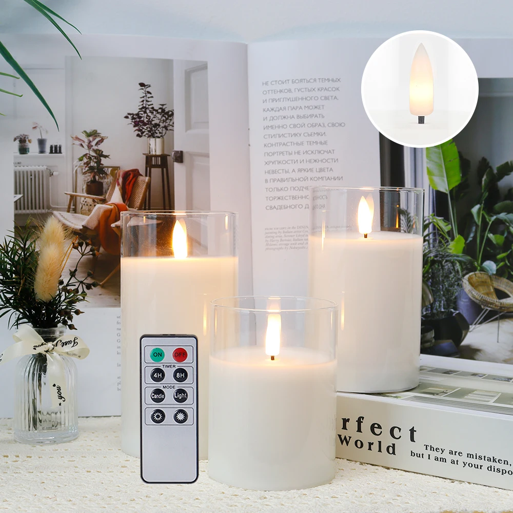 3Pcs Glass Wax Flameless Candles 3D Effect LED Candles White Wax Battery Candles with 8-Key Remote Control Home Decor