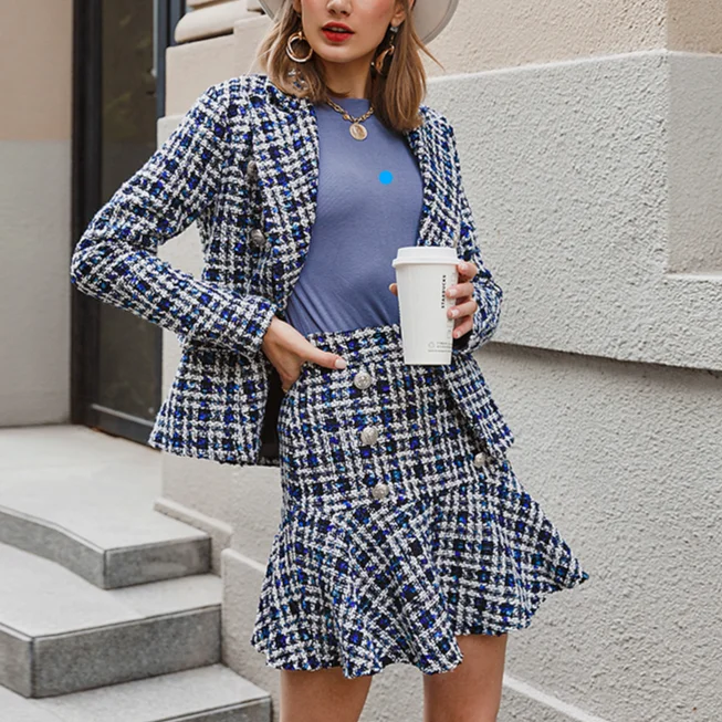 Fashion Elegant Autumn Winter Plaid Women Blazer Coat Causal Long Sleeve Coat Short Office Ladies Double Breasted Women Suit