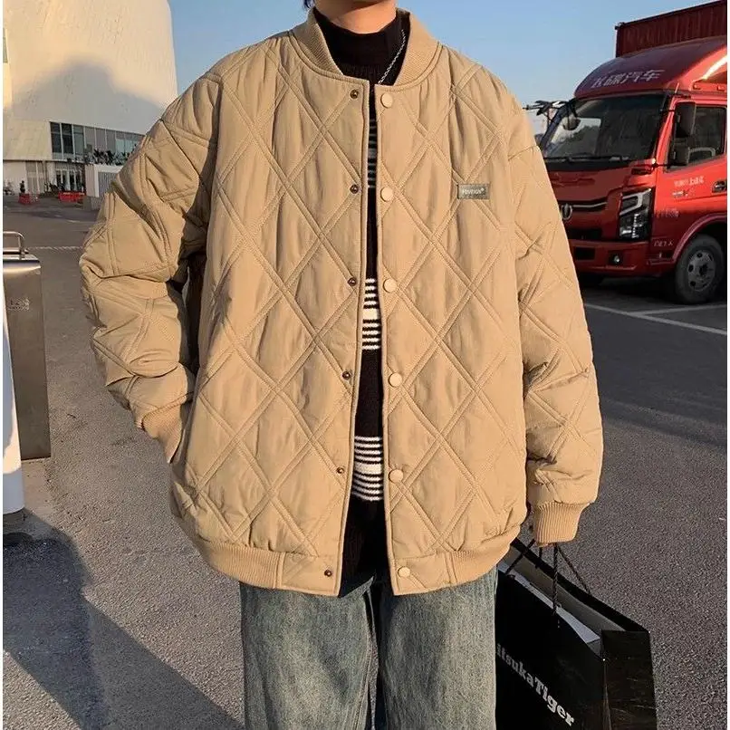 

American Sle Winter Thiened Diamond Pattern Loose Baseball Jaet Men's Cotton Clothes Retro Japanese Sle Couple's Coat