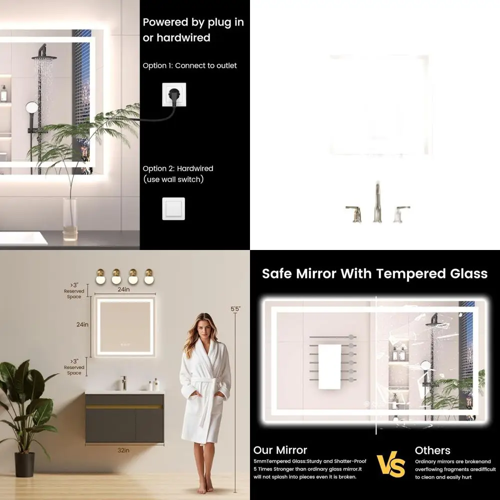 

24 LED Illuminated Bathroom Mirror with Anti-Fog, Backlit and Front Lit, High CRI, Tempered Glass, Memory Function, Dimmable, Sh
