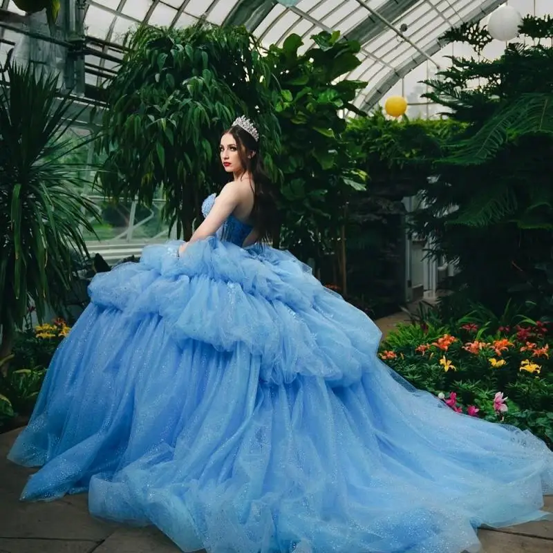 

Princess Blue Quinceanera Dress Ball Gown Appliquéd Beaded Tiered Tulle Mexican Corset Sweet 16 Vestidos De 15 Anos