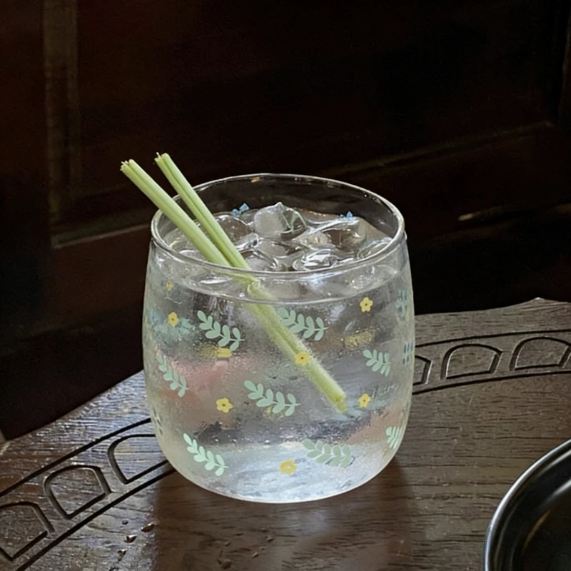 Pastoral Style French Small Floral Water Cup Fresh Style Ice Blue Willow Leaf Glass Cup Heat Resistant Juice Milk Cup Minimalist