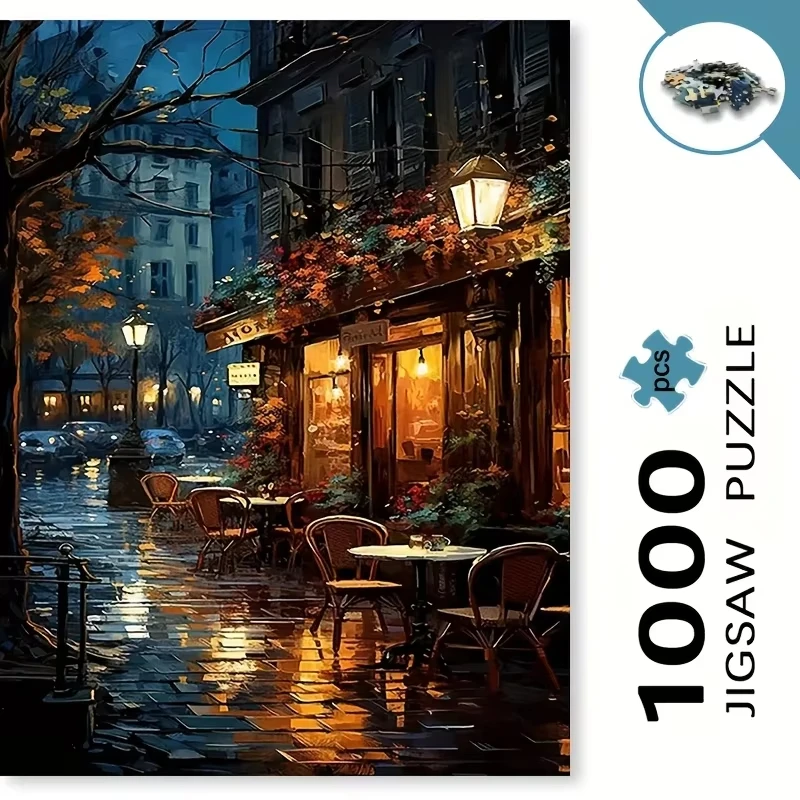 1000pcs Jigsaw Puzzle - Nighttime Parisian Café Scene with Cozy Lights & Rainy Streets, Scratch-Resistant