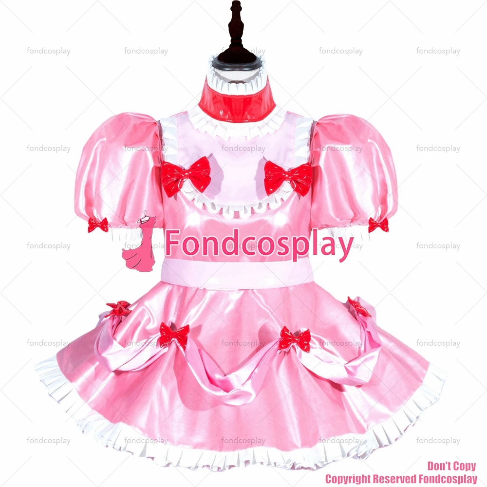 fondcosplay adult sexy cross dressing sissy maid short French Lockable Baby Pink shiny leather dress CD/TV[G3996]