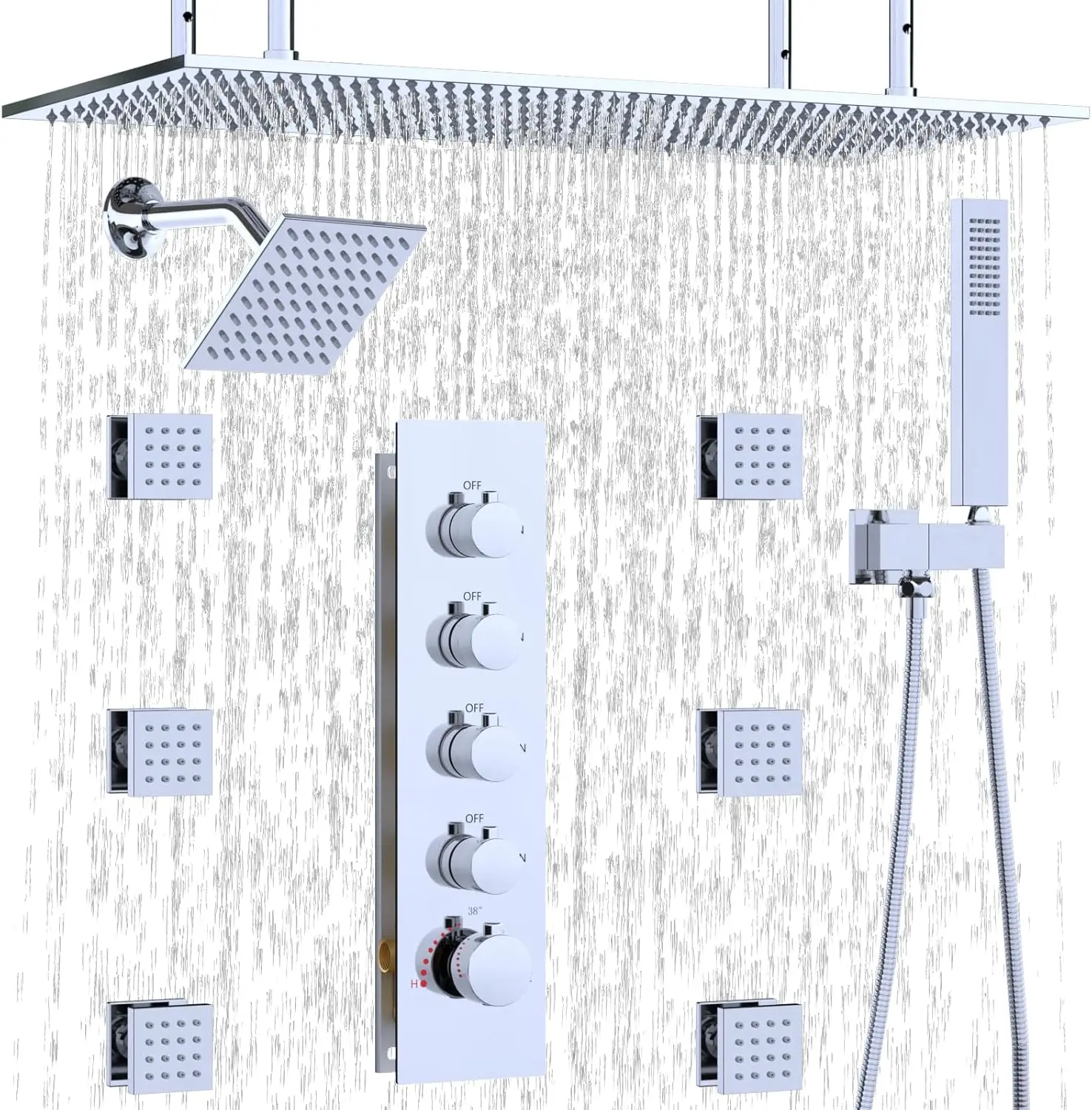 400x800mm Rainfall Shower Head Chrome Thermostatic Shower System Double Shower Heads with Body Jets